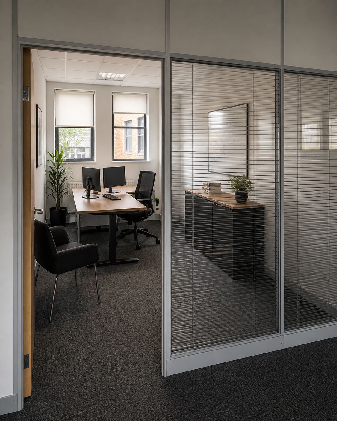A private two-desk office with brick walls and large windows